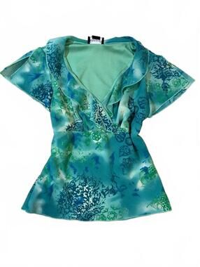 Vintage Y2K Fairy Blouse Women’s Size S Teal Blue Geometric Ruffle V-Neck Top
